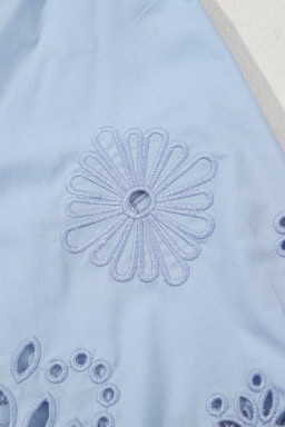 Beau Blue Eyelet Flower Embroidered Crew Neck Blouse