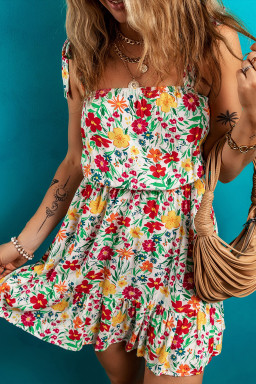 Red Floral Print Knotted Strap Cinched Waist Ruffle Hem Mini Dress