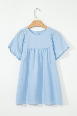 Beau Blue Embroidered Scallop Trim Sleeve Pleated Blouse