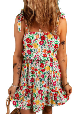 Red Floral Print Knotted Strap Cinched Waist Ruffle Hem Mini Dress