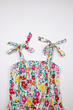 Red Floral Print Knotted Strap Cinched Waist Ruffle Hem Mini Dress