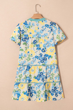 Blue Floral Print Striped Trim Puff Sleeve Mini Dress