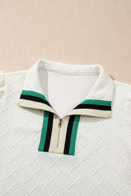 White Pop of Color Neckline Checkered Textured Puff Sleeve Mini Dress