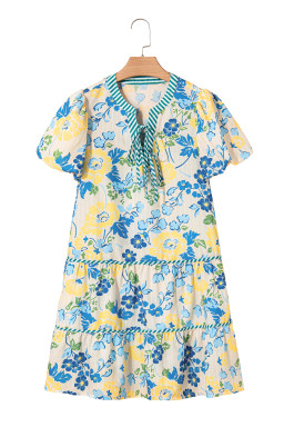 Blue Floral Print Striped Trim Puff Sleeve Mini Dress