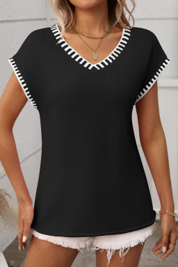 Black Striped Trim V Neck Sleeveless Knit Top