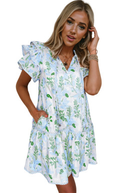 Sky Blue Floral Contrast Edge Ruffle Sleeve Tie Neck Mini Dress