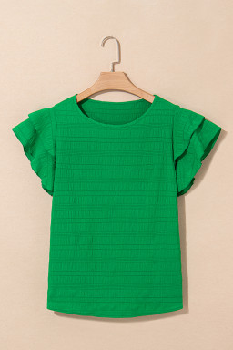 Dark Green Ruffle Sleeve Textured Smocked Blouse