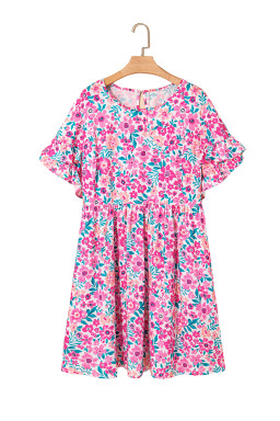 White Plus Size Floral Print Ruffle Short Sleeve Flare Dress