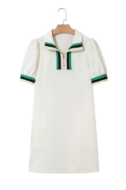 White Pop of Color Neckline Checkered Textured Puff Sleeve Mini Dress