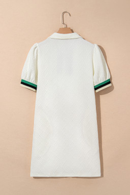 White Pop of Color Neckline Checkered Textured Puff Sleeve Mini Dress