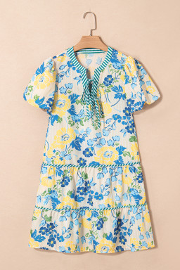 Blue Floral Print Striped Trim Puff Sleeve Mini Dress