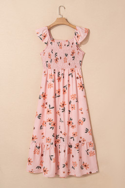 Pink Floral V Neck Smocked High Waist Ruffle Hem Maxi Dress