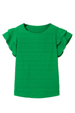 Dark Green Ruffle Sleeve Textured Smocked Blouse