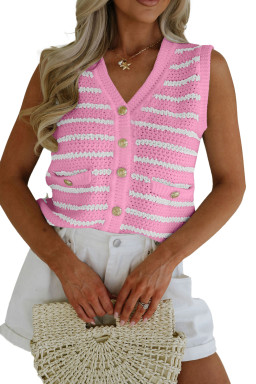 Pink Striped V Neck Button Knit Vest