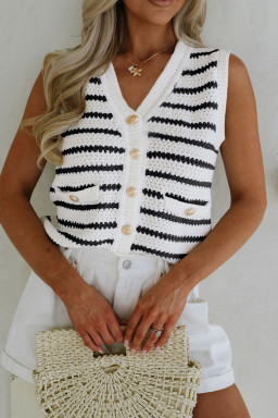 Black Striped V Neck Button Knit Vest