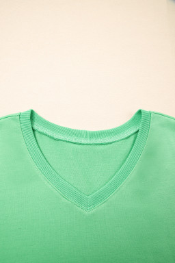Mint Green V Neck Drop Shoulder Tee and Patchwork Shorts Set