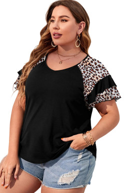 Black Leopard Ruffle Patchwork Sleeve Plus Size Summer Top