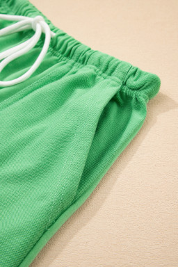 Mint Green V Neck Drop Shoulder Tee and Patchwork Shorts Set