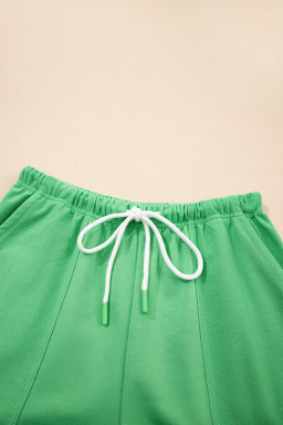 Mint Green V Neck Drop Shoulder Tee and Patchwork Shorts Set