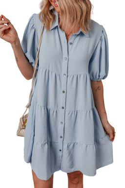 Beau Blue Shirt Collar Button Up Short Puff Sleeve Tiered Shift Dress