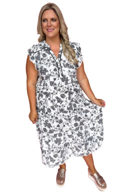 Black Floral Print Piping Trim Notched Neck Ruffle Sleeve Plus Size Dress