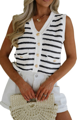 Black Striped V Neck Button Knit Vest