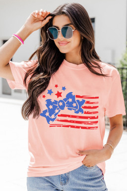 Pink Stars and Stripes Bow Knot Crew Neck T Shirt