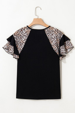 Black Leopard Ruffle Patchwork Sleeve Plus Size Summer Top