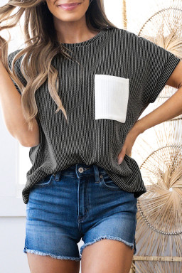 Carbon Grey Corded Colorblock Pocket Crew Neck T Shirt