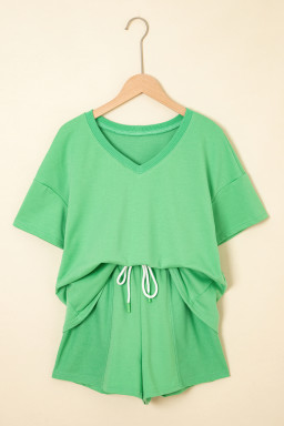 Mint Green V Neck Drop Shoulder Tee and Patchwork Shorts Set