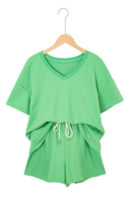Mint Green V Neck Drop Shoulder Tee and Patchwork Shorts Set