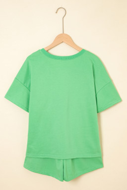 Mint Green V Neck Drop Shoulder Tee and Patchwork Shorts Set