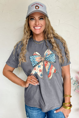 Gray USA Flag Bow Heat Transfer Printing Round Neck Loose T Shirt