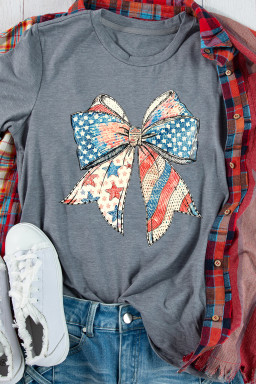 Gray USA Flag Bow Heat Transfer Printing Round Neck Loose T Shirt
