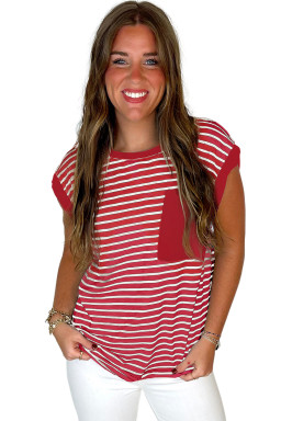 Red Stripe Chest Pocket Patch Round Neck Sleeveless Tee