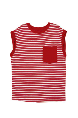 Red Stripe Chest Pocket Patch Round Neck Sleeveless Tee
