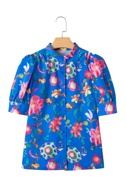 Blue Puff Sleeve Button Up Boho Floral Shirt