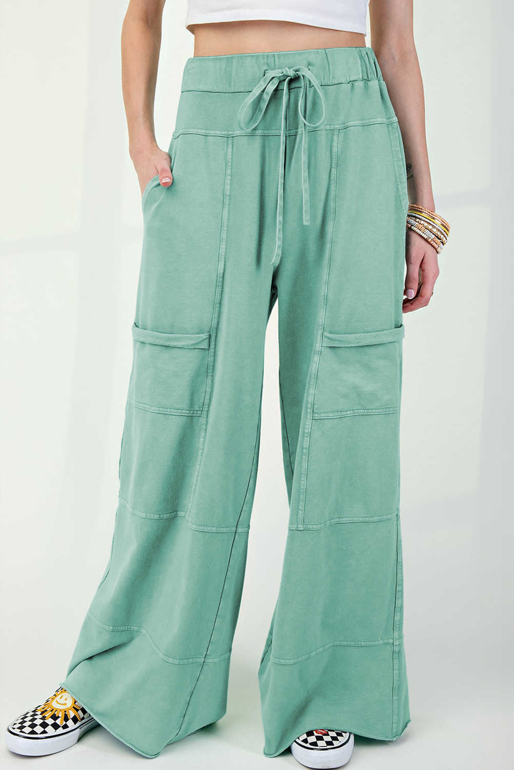 Mint Green Mineral Wash Exposed Seam Wide Leg Cargo Pants