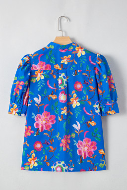 Blue Puff Sleeve Button Up Boho Floral Shirt