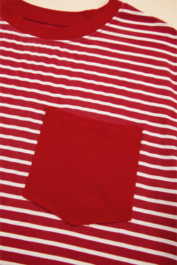 Red Stripe Chest Pocket Patch Round Neck Sleeveless Tee