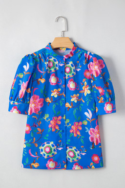 Blue Puff Sleeve Button Up Boho Floral Shirt