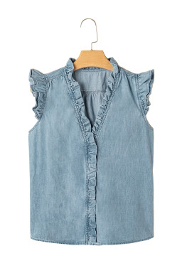 Beau Blue Ruffle V Neck Chambray Sleeveless Shirt