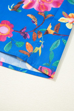 Blue Puff Sleeve Button Up Boho Floral Shirt