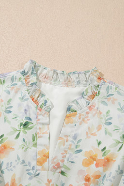 Beige Floral Print Smocked High Waist Puff Sleeve Mini Dress