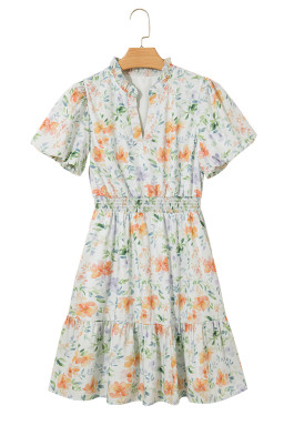 Beige Floral Print Smocked High Waist Puff Sleeve Mini Dress