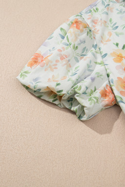 Beige Floral Print Smocked High Waist Puff Sleeve Mini Dress