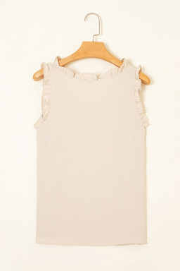 Parchment Frill Trim V Neck Crinkled Sleeveless Top