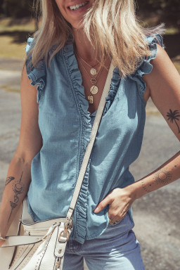 Beau Blue Ruffle V Neck Chambray Sleeveless Shirt