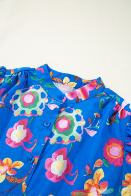 Blue Puff Sleeve Button Up Boho Floral Shirt