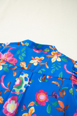 Blue Puff Sleeve Button Up Boho Floral Shirt